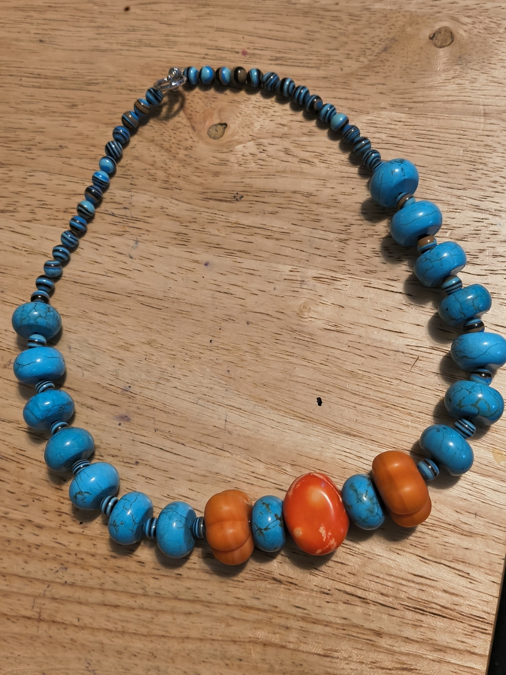 Vtg Turquoise Coral & Handpainted Bead Necklace 19 Inch Silver-tone Toggle Clasp